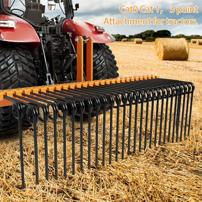 60" Durable Powder Coated Steel Pine Straw Rake, Steel Spring Landscape Rake for Leaves, Pine Needles, Straw, and Grass Attaches to Cat 0 Cat 1,3 Point Hitch Tractor, Yellow