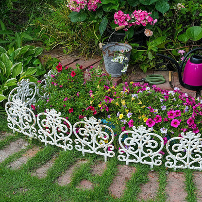 Sungmor Decorative Cast Iron Garden Edging, 4 Pack Rustic White Victorian Garden Edging Landscape Border, Vintage Metal Yard Stake Low Picket Fence, 11.8" Tall Outdoor Flower Bed Lawn Fence Panels