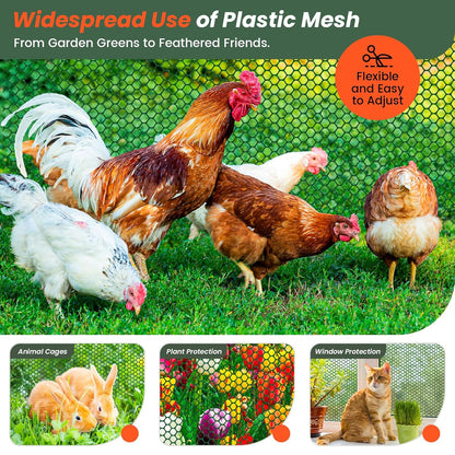 16IN x 50FT Plastic Chicken Wire Mesh, Chicken Wire for Floral Arrangements, Chicken Wire Mesh for Crafts with 100 Pcs Zip Ties, Mesh Fence for Dogs, Deers, Poultry