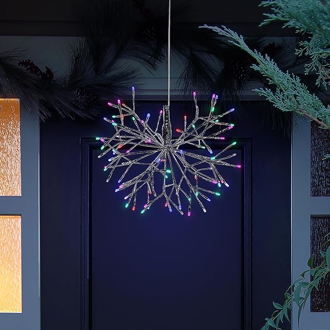 Alpine Corporation 16"H Indoor Holiday 3D Snowflake Hanging Ornament with LED Lights, Silver , Christmas Decoration