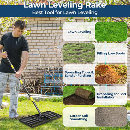 Extra Wide 30" Leveling Rake for Lawn Care - 60in Extendable Stainless Steel Handle with Ergonomic Grip | Professional Grass Leveling Tool for Golf Courses, Soccer Fields, Backyard Turf Maintenance