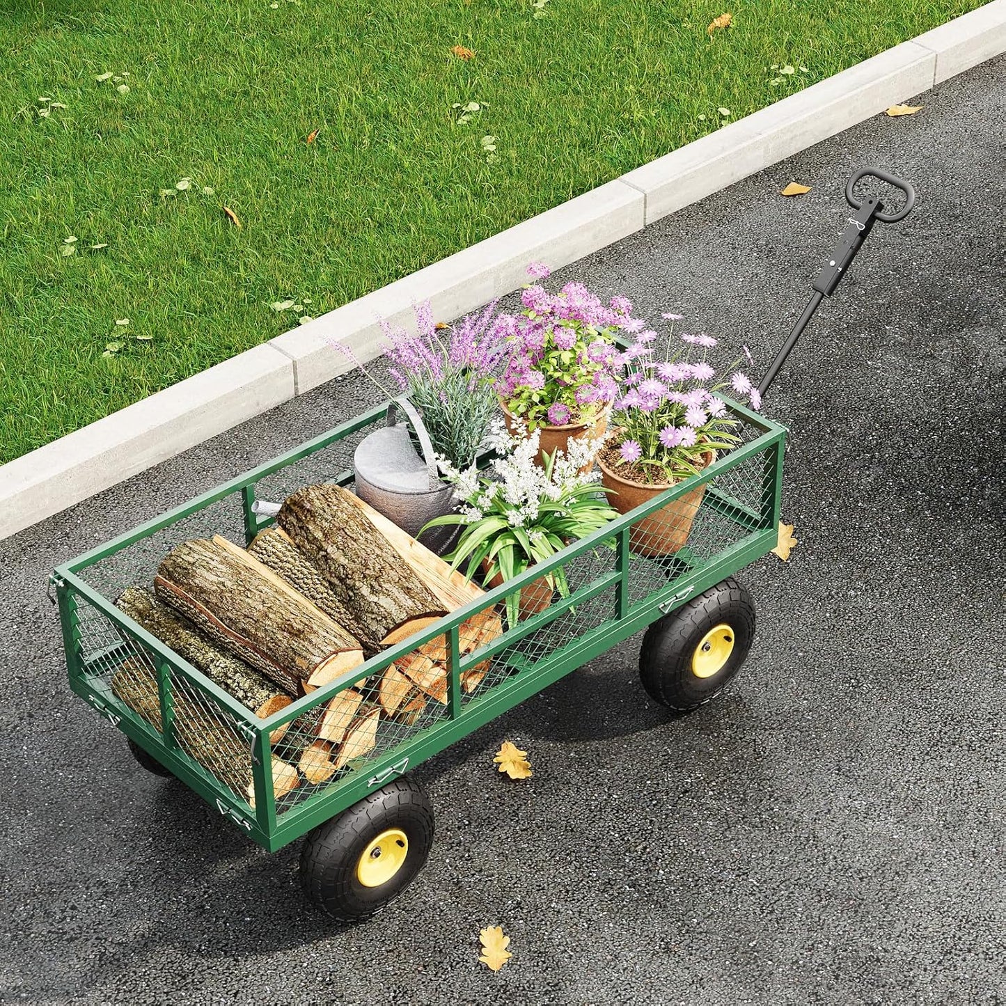 900 LBS Garden Cart on Wheels with Adjustable Handles, Heavy Duty Steel Garden Wagon with Removable Mesh Sides to Convert into Flatbed, Wagon Cart for Lawn Farm Yard, Green