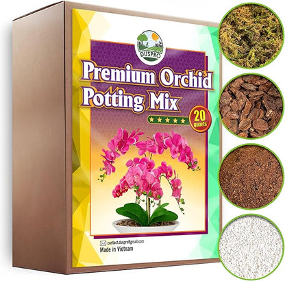 DUSPRO Orchid Potting Mix for Repotting with Moss Pine Bark Mulch Perlite & Coco Peat Natural Ingredients, Orchid Bark Potting Mix, Orchid Repotting Kit Drainage Indoor Potting Medium Great 20QT