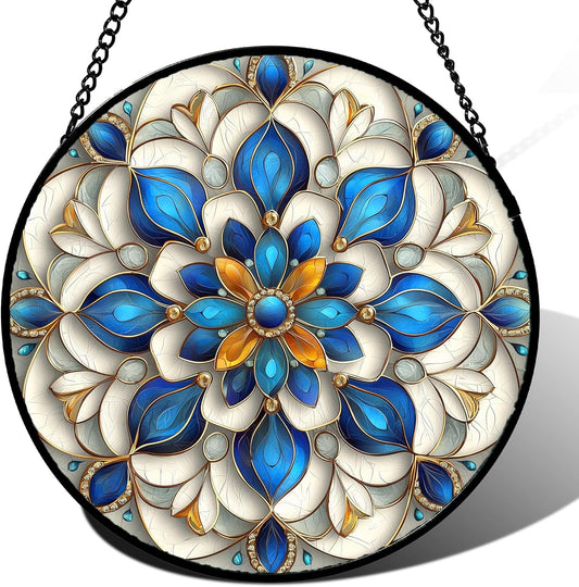 Stained Glass Window Hanging - Blue and White Abstract Flowers Suncatcher for Door Terrace Garden