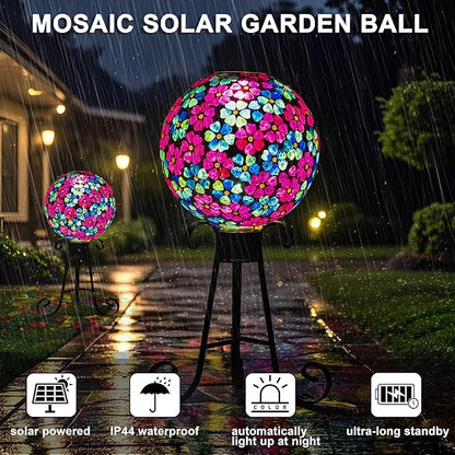 VOREEN Mosaic Solar Glass Gazing Ball, 10" Outdoor Multicolor Gazing Globe, Handmade IP44 Waterproof Garden Decor Sphere for Patio Lawn Yard, Gift for Mom Wife Friend, Heart Flower Design