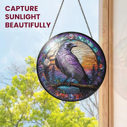 FLAGWIX Halloween Decorations Indoor Outdoor - The Crow Raven Stained Glass Window Hanging 8in - Black Crow Suncatchers for Gothic Home Decor, Halloween Fall Christmas Decor Gifts for Men Women