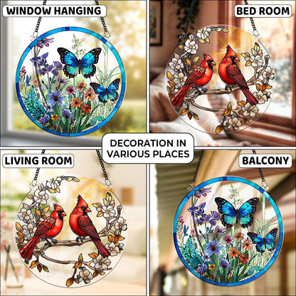 2 Cardinal Butterfly Acrylic Suncatcher, Art Decor for Home, Suncatcher for Window Hanging Indoor, Garden, Housewarming, Gift for Mom, Grandma, Women, Friend, Bird Lover SCB-A6-B3
