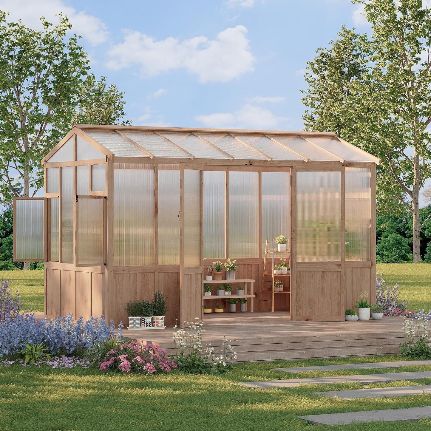 8X12 FT Heavy Duty Wooden Greenhouse for Outdoor - Walk-in Green House Kit with 6mm Polycarbonate, Ventilated Window & Lockable Door for Backyard, Patio, Lawn