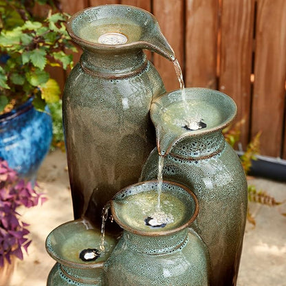 Glitzhome 30.75" H Vase Ceramic Outdoor Water Fountain with LED Lights and Pump, 4-Tier Olive Green and Brown Reactive Glaze Cascading Pots Standing Fountain for Porch Deck Garden Patio Backyard