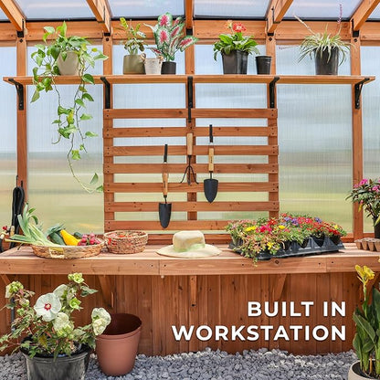 Backyard Discovery Poppy 11' x 7' Cedar Wood and Polycarbonate Walk-In Greenhouse Kit with Exhaust Fan, Windows, Hose Hook-Ups, PowerPort, Staging Shelves, Plant Hooks for Year-Round Outdoor Gardening