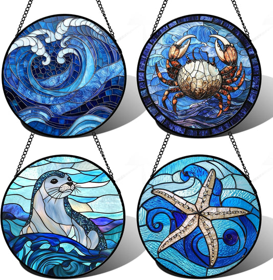 Stained Glass Window Hanging 4 Pcs Set Blue Ocean Waves Large 15" - Starfish Crab Seal Suncatcher