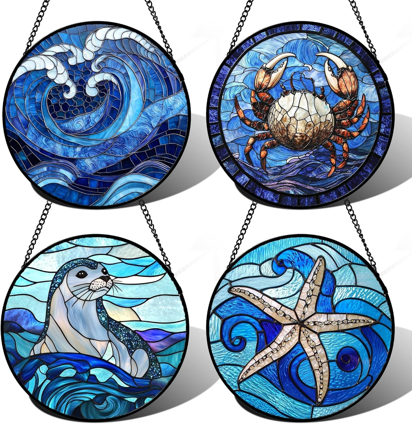 Stained Glass Window Hanging 4 Pcs Set Blue Ocean Waves 9.8" - Starfish Crab Seal Suncatcher Door Garden Sun Catcher Decor Birthday for Mom Woman Nana Men Friend