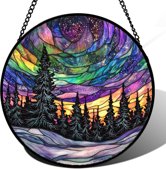 Stained Glass Window Hanging, Van Gogh Night Scene Sun Catchers Colorful Glass Panel Starry Sky