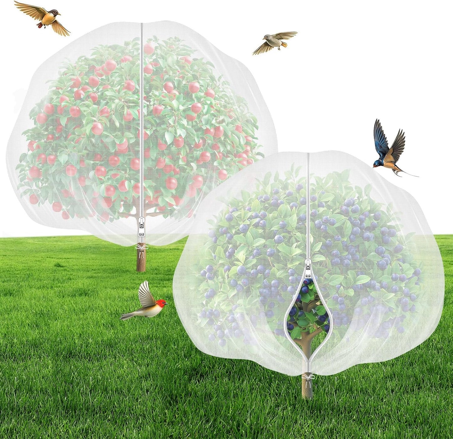 Fruit Tree Netting with Zipper & Drawstring - 8'x8' Garden Plant Net Pest Barrier to Prevent Cicadas Bird Squirrel Deer - Bug Protection for Blueberry Tomato with Fine Mesh Insect Cover(2 Pack)