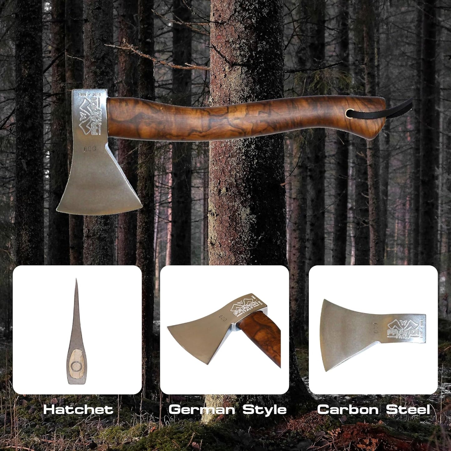 Prandi Axes German C45 Forged Carbon Steel Hatchet - Briar Hickory Handle with Leather String - Ideal for Camping, Travel and Bushcraft - 14" L x 6" W, 600g Polished Head 3.003.06.AH - No Sheath