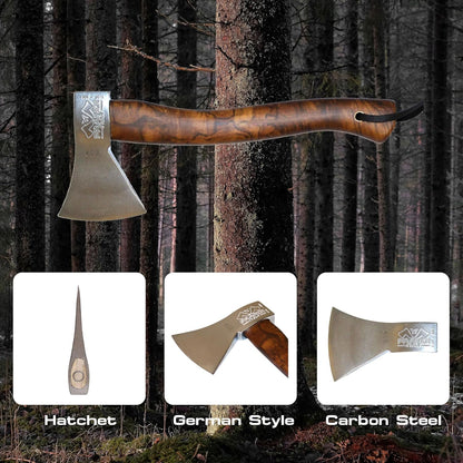 Prandi Axes German C45 Forged Carbon Steel Hatchet - Briar Hickory Handle with Leather String - Ideal for Camping, Travel and Bushcraft - 14" L x 6" W, 600g Polished Head 3.003.06.AH - No Sheath