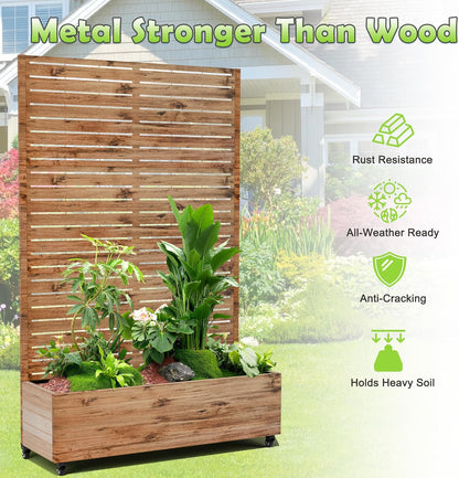 15.7"×70.9"×47.2" Metal Raised Garden Bed with Trellis and Wheels - Tall Trellis Planter Box for Climbing Plants, Vegetables & Vines - Outdoor Privacy Planters for Patio (Natural Wood Grain)