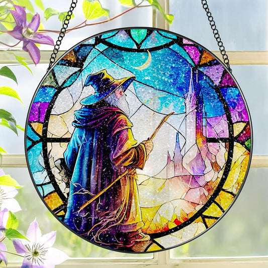 Stained Glass Window Hanging, LAOWEIKI 8'' Witch Suncatcher, Stained Glass Ornament, Suncatchers