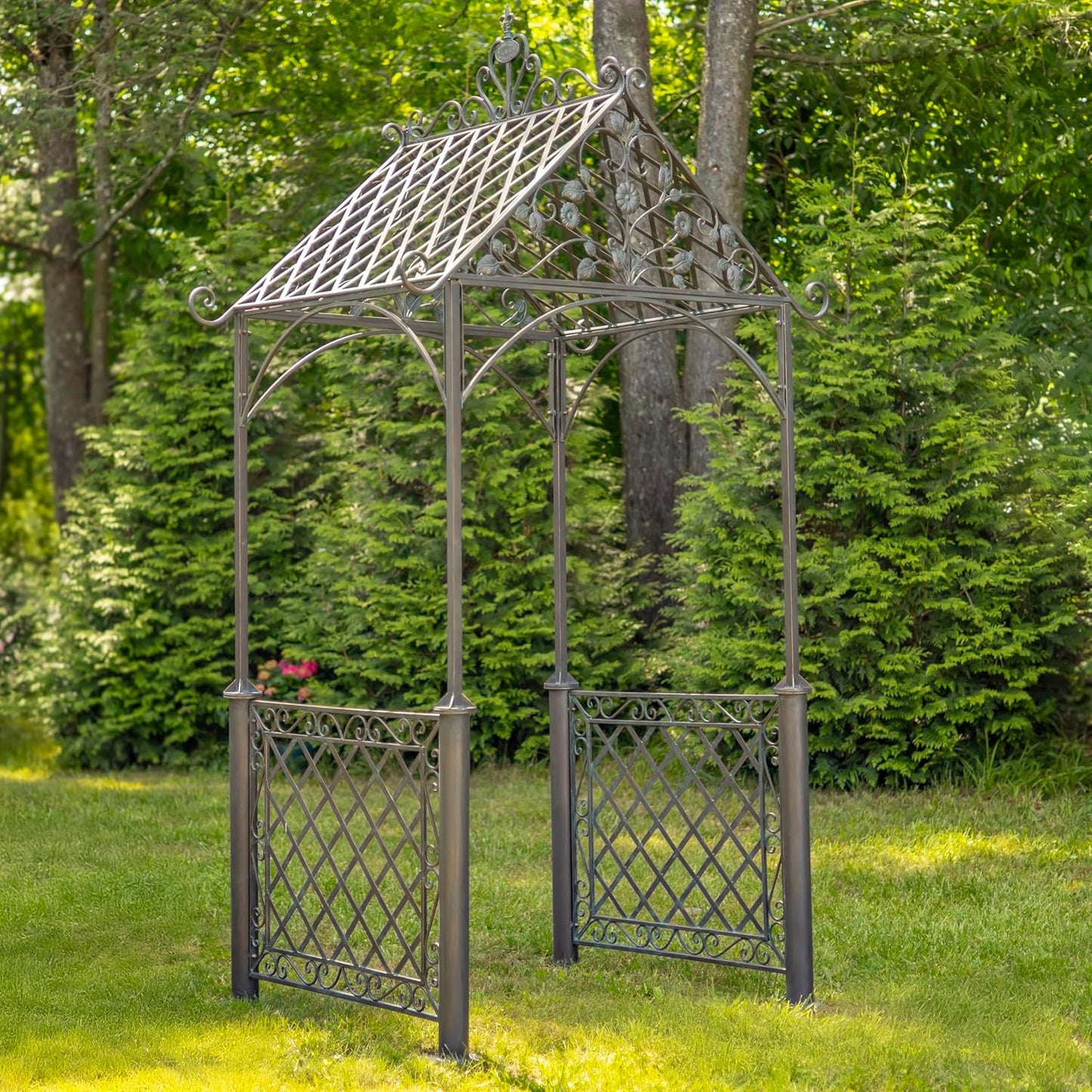 9.5ft T Iron Garden Arch with Embellished Trellis London 1820" (Antique Bronze)