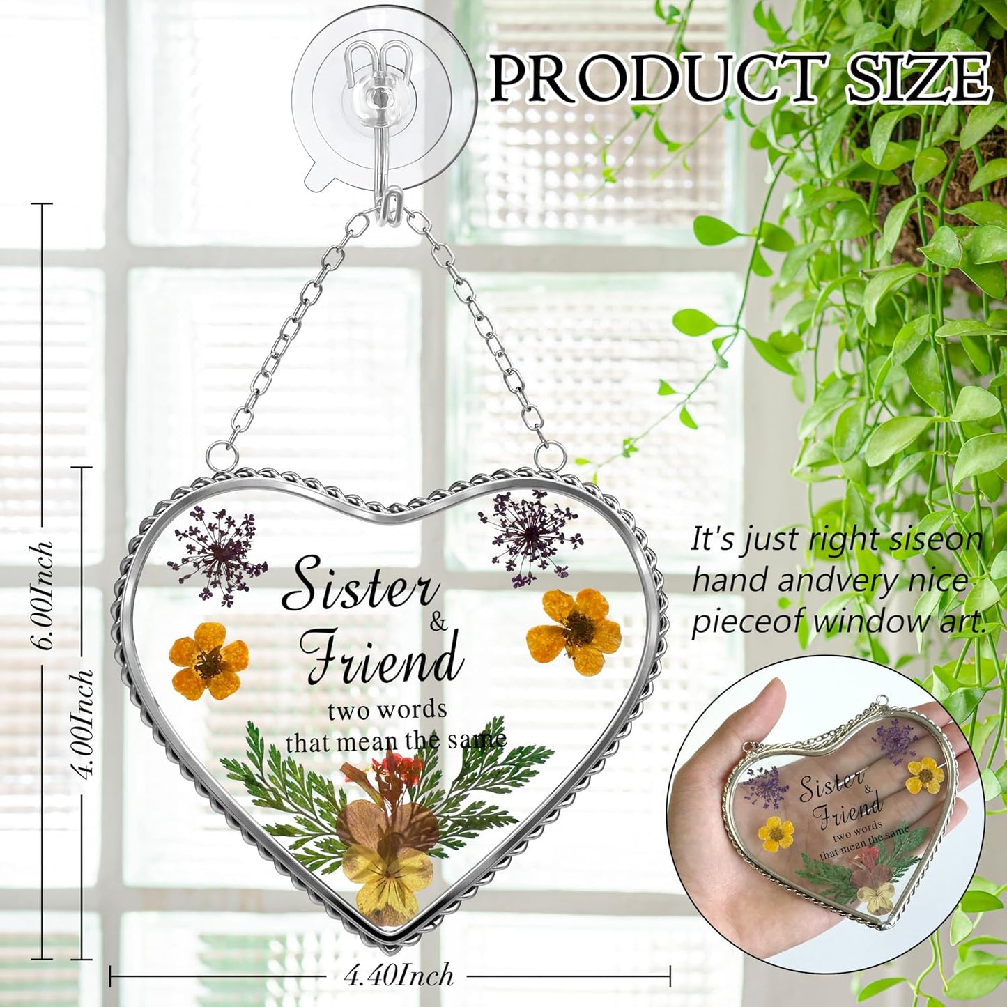 KY&BOSAM Stained Glass Sister Heart Suncatcher Window Hanging Decor with Pressed Real Flower for Sister Birthday Mother's Day