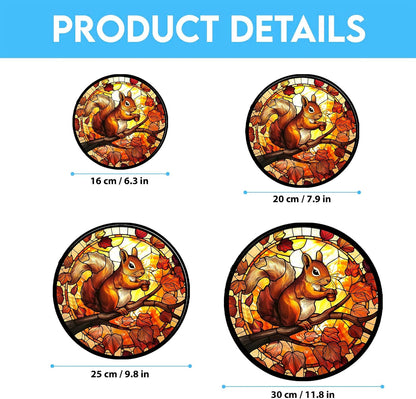 Squirrel Stained Glass Window Hanging 12” Round Handicraft Blue Flower Glass Panel Farmhouse Style Window Suncatcher Perfect Housewarming Gift (with Chain Hook)