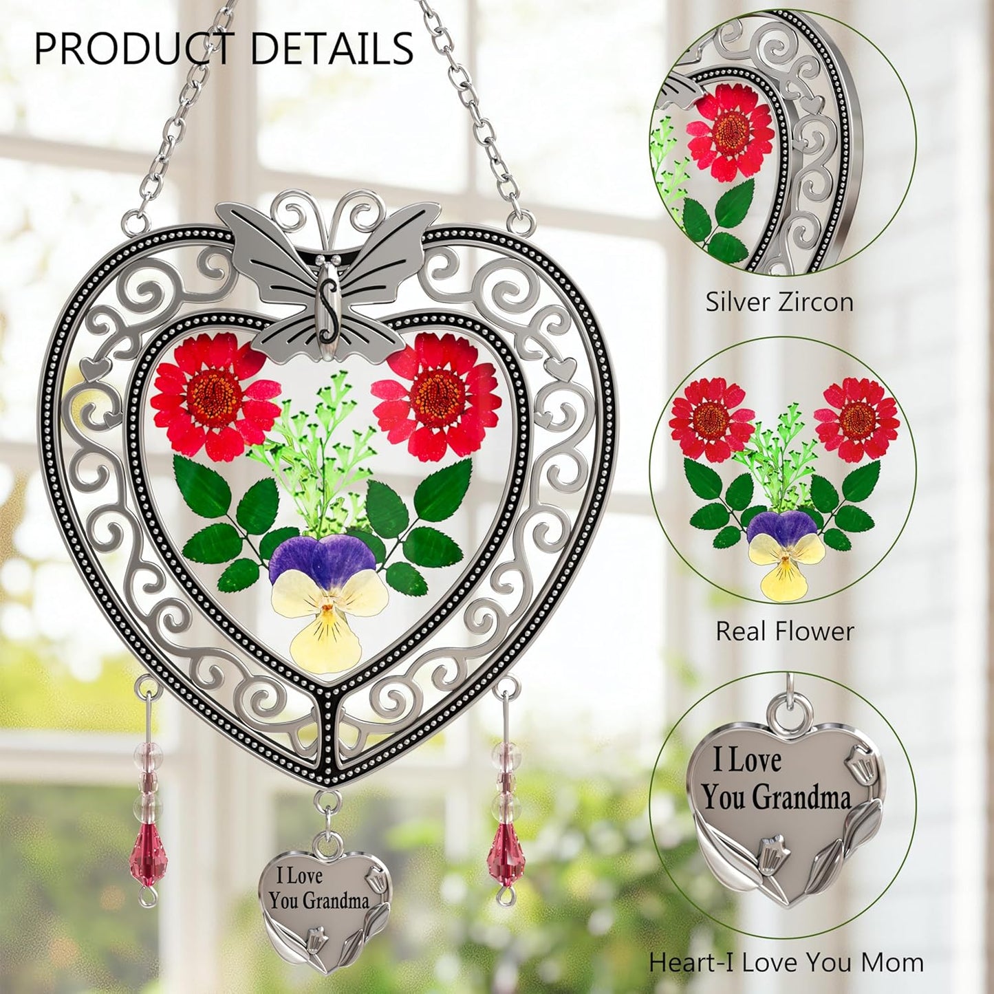 KY&BOSAM Tree of Life Heart Suncatcher I Love You Grandma Butterfly Hangings for Windows Suncatcher with Pressed Real Flower Heart and Charm Birthday Gifts for Women Mothers Day Christmas Ornament