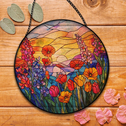Sunset Flower Suncatcher Stained Glass Window Hanging, Cottagecore Wildflower Sun Catchers Indoor Window Glass Round Wall Decor, Floral Sunset Sunshine Wall Art Hanging Decorations, ＂7.8x7.8＂