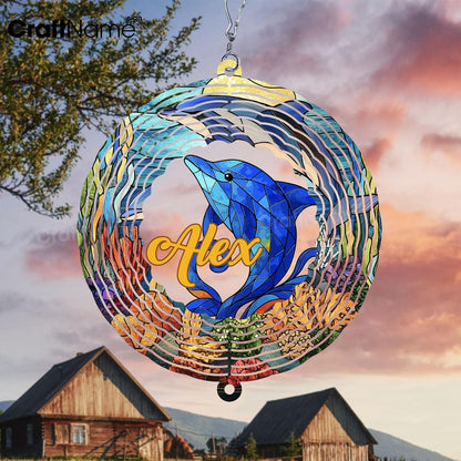 Personalized Dolphin Wind Spinner 3D Stainless Steel, Dolphin Garden Spinner Hanging Outdoor Decor, Wind Spinners Outdoor, Custom Gift for Grandmother, Mom, Wife