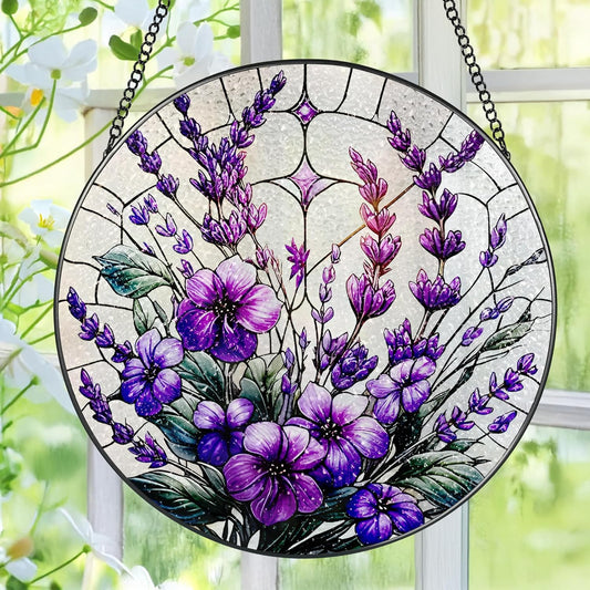 Bauhinia&Violets Flower Stained Glass Suncatcher, Stained Glass Window Hanging, 8 Inch Window