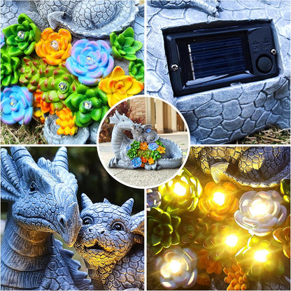 Dragon Solar Garden Statues Outdoor Decoration with Succulent and 6 LED Lights,Dragon Figurine Solar Lights Lawn Décor,Outside Statue Ornament for Patio, Balcony, Yard,Unique Gift for Mom