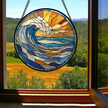 Stained Glass Window Hanging, Orange Clouds Blue White Sea Waves Landscape Suncatcher for Doors Window Home Sun Catchers Decor Mother's Day Birthday Gifts for Women Men Mom 11.8 in