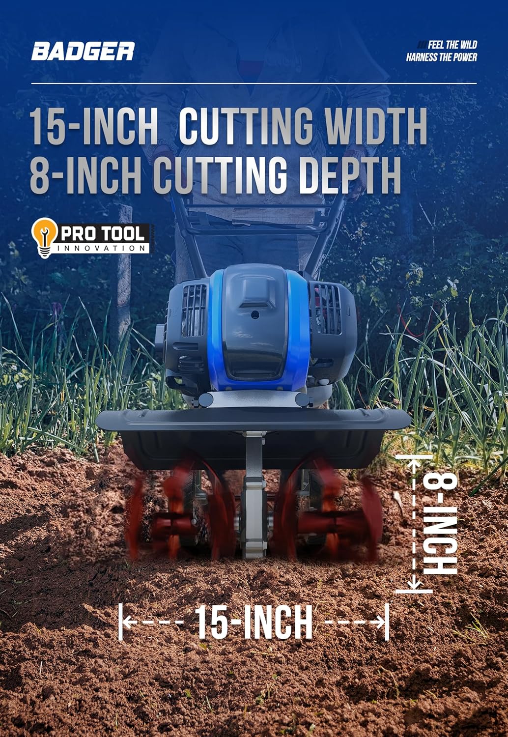 WILD BADGER POWER Garden Tiller 53cc Mini Cultivator 15 inch Powerful Liftable Booster Rod Tilling Tool for Lawn, Garden and Field Soil Cultivation