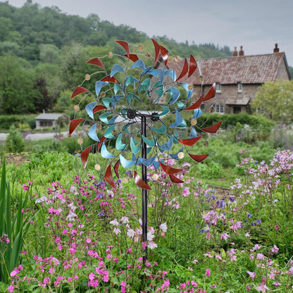 Sunnydaze Rainbow Breezes Metal Garden Wind Spinner - Removable Pole Sections for Adjustable Height - Dual-Motion Blades - 84" H