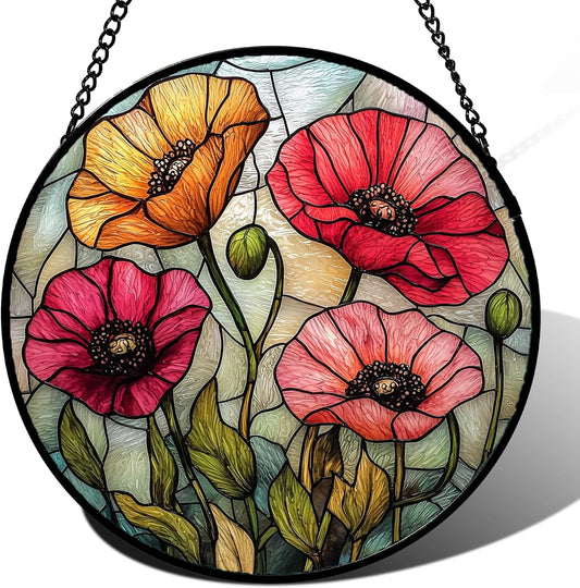 Stained Glass Window Hanging, Red Orange Poppy Birth Flowers Sun Catcher for Door Garden Yard Decor