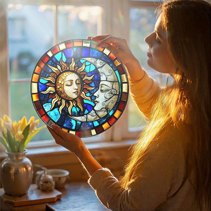 Sun and Moon Decorative Stained Glass Sun Catcher - Handcrafted 7.87 Inch Celestial Decoration, Stained Glass Window Hanging, Outdoor Garden Decor Gift, Gift for Friends, Family, Coworkers, Classmates