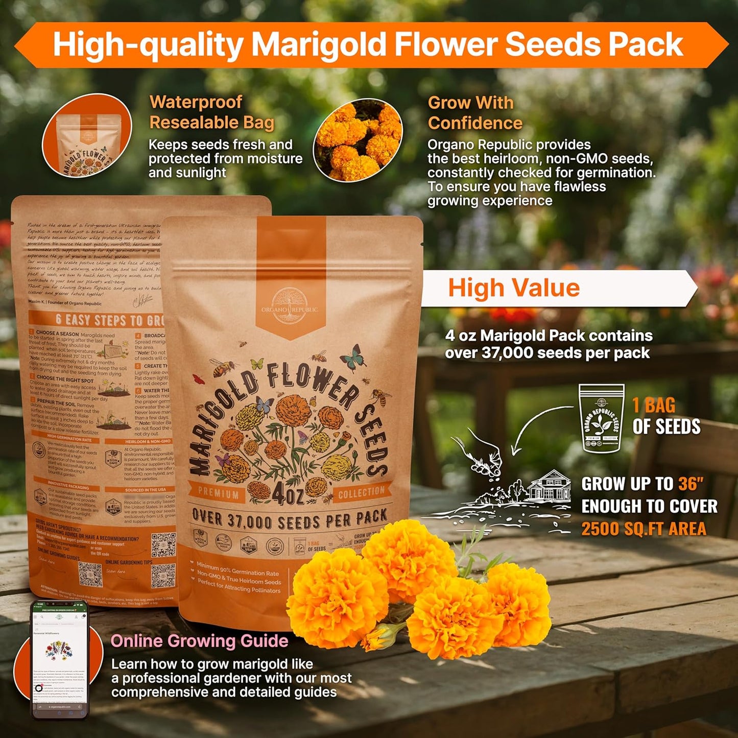 Marigold Seeds Pack 4 oz - Over 37,000 Non-GMO Heirloom Marigold Seeds for Planting Indoor & Outdoor Gardening, Flower Seed for Planting Home and Garden, Flowers Seed in Individual Packet