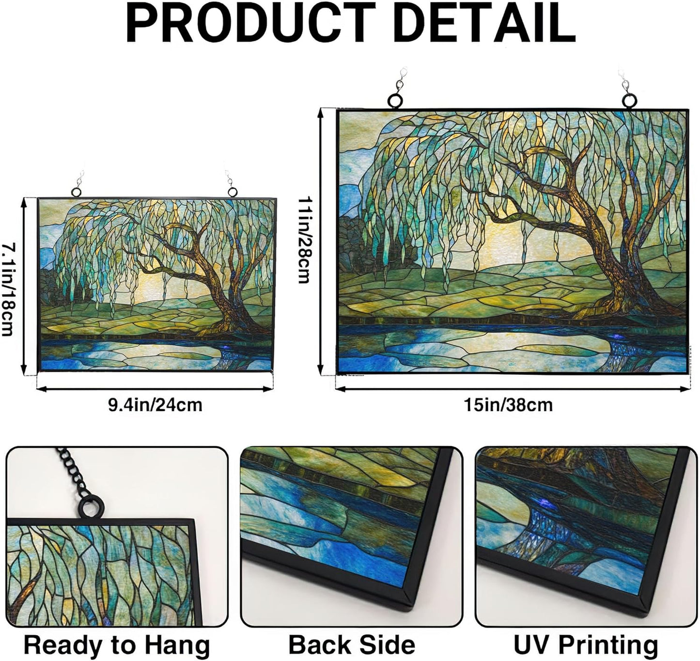 Customized Rectangle Art Nouveau Willow Pond Tree Stained Glass Window Hanging Sun Catcher Halloween Haning Ornament Decoration Christmas Birthday Gifts for Lover Friends Mother