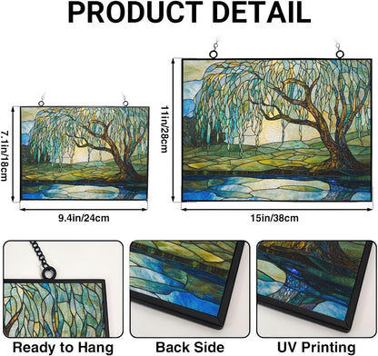 Customized Rectangle Art Nouveau Willow Pond Tree Stained Glass Window Hanging Sun Catcher Halloween Haning Ornament Decoration Christmas Birthday Gifts for Lover Friends Mother