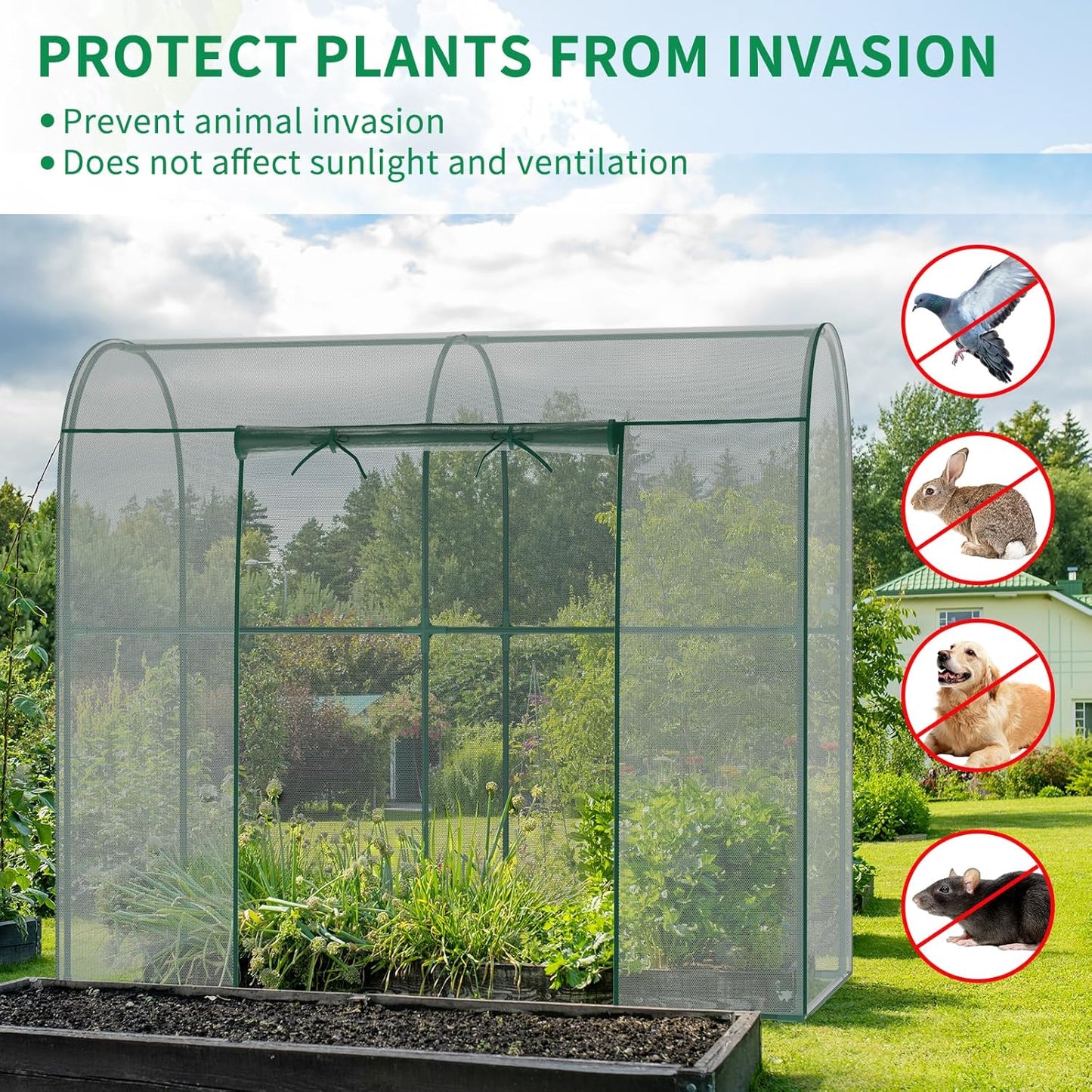 SUNYRISY Garden Plant Netting Crop Cage for Garden Raised Bed, 6.5 x 3.3 x 6 Ft Plant Cover Cage Protectors from Animal for Outdoor Plants with Frame and Zippered Door