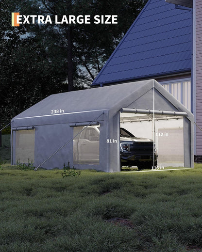 GarveeLife 10x20 ft Carport, Car Port with 200 g PE Tarp, Roll-Up Doors, and 4 Windows, for Sedans, Bass Boats, Motos, ATVs, and SUVs, White