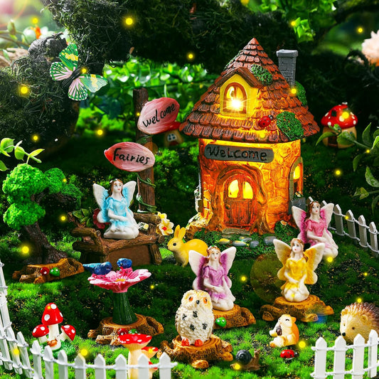 Leyndo 28 Pcs Solar House Garden Accessories Fairy Light up Fairy Figures Garden Kit Resin Miniature Mushroom House Figures Micro Landscape Ornaments (Fresh)