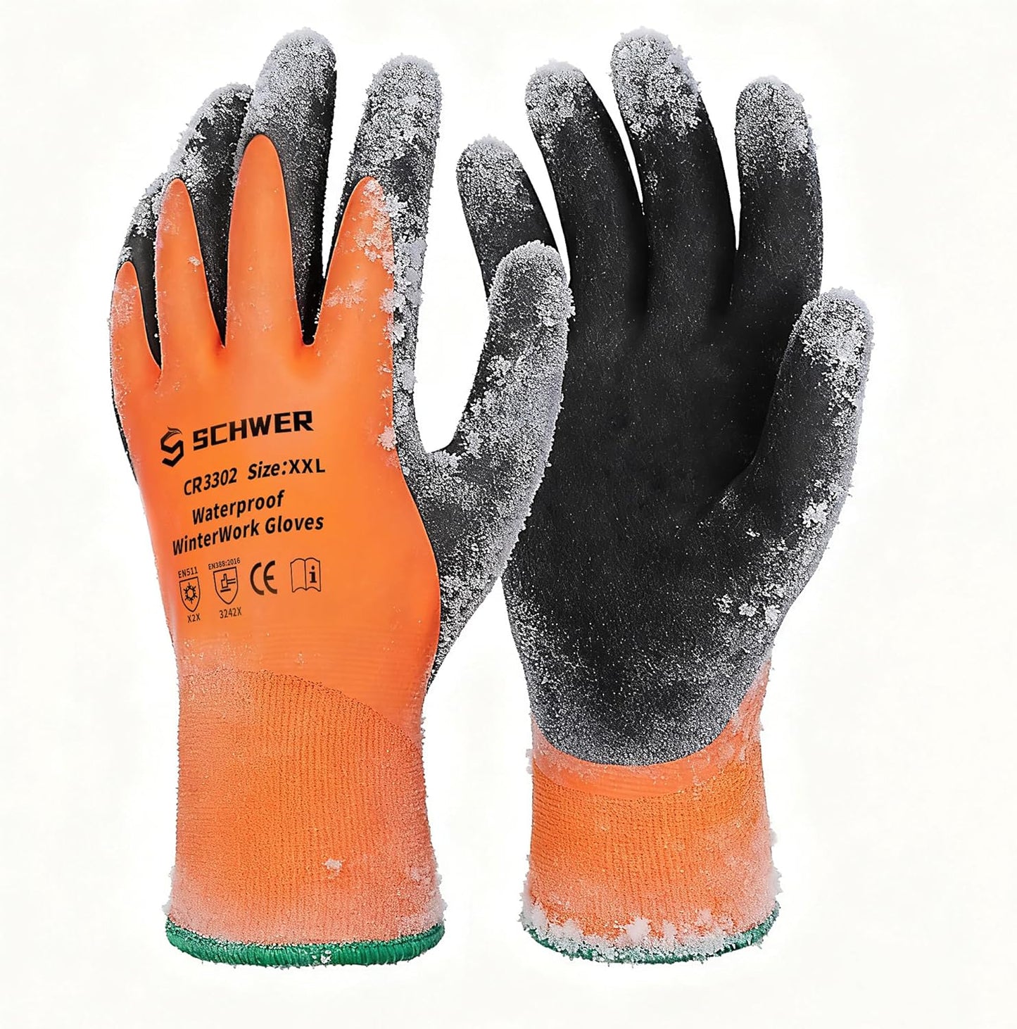 Schwer Waterproof Winter Work Gloves, ANSI A2 Cut Resistant Freezer Gloves for Outdoor Cold Weather Keep Hands Warm, Thermal Insulated Gloves for Shoveling Snow, Ice Fishing, Super Grip, XXL