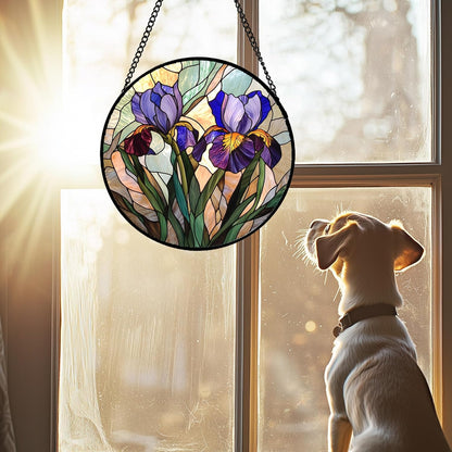 Stained Glass Window Hanging, Purple Blue Iris Birth Flower Suncatcher for Doors Garden Yard Sun Catchers Decor Christmas Mother's Day Birthday Gifts for Teacher Women Mom Nana Wife 6.3 in