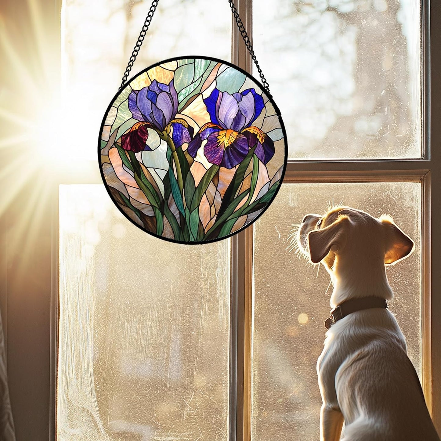 Stained Glass Window Hanging, Purple Blue Iris Birth Flower Suncatcher for Doors Garden Yard Sun Catchers Decor Christmas Mother's Day Birthday Gifts for Teacher Women Mom Nana Wife 11.8 in