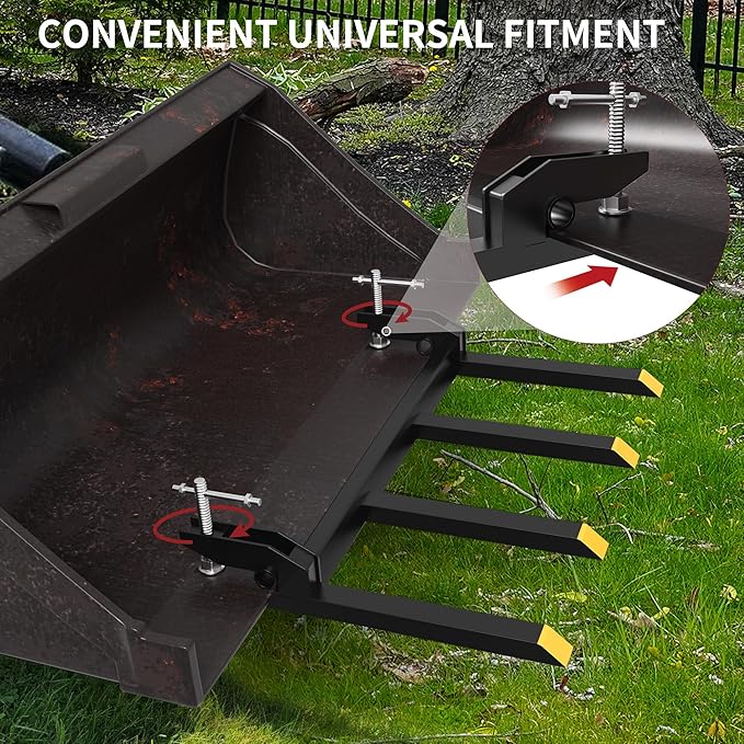 YITAMOTOR Clamp on Debris Forks to 48" Bucket, Heavy Duty Pallet Fork 2500 lbs Capacity Fit for