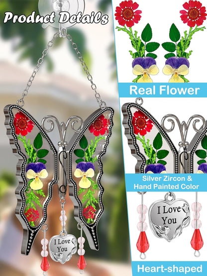 KY&BOSAM Suncatcher Butterfly Stained Glass Wind Chime Ornament for Window Hangings with Pressed Flower Wings in Glass and I Love You Heart Charm Gifts for Mom Women Mother's Day Valentine's Birthday