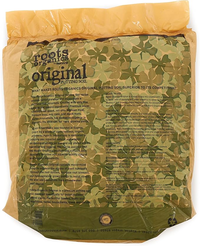 Roots Organics Original Potting Soil, Organic Growing Media with Mycorrhizae.75 Cubic Foot Plant-in-Bag