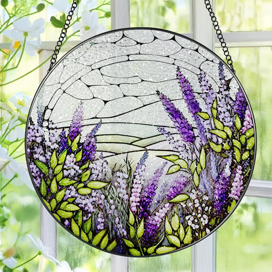Lavender Flower Stained Glass Suncatcher, Stained Glass Window Hanging, 8 Inch Green Plants