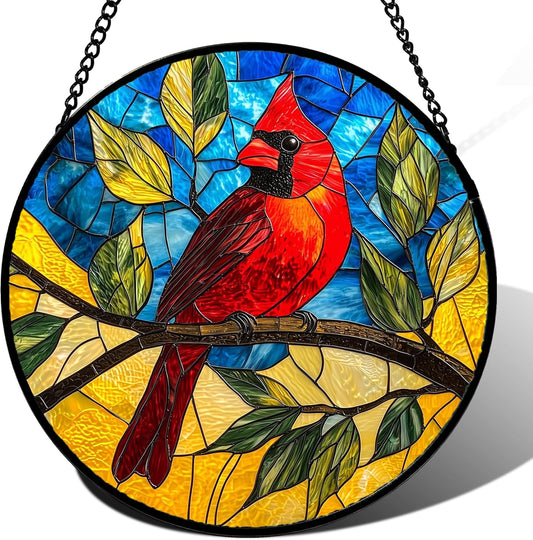 Stained Glass Window Hanging, Blue Sky Cardinal Sun Catchers Colorful Glass Panel Red Birds