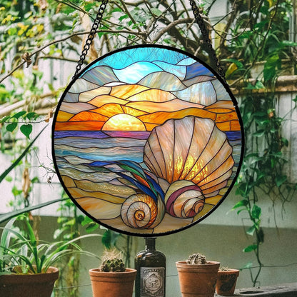 Stained Glass Window Hanging - Colorful Beach Shells Conch Sun Catcher for Door Home Decor Ocean Suncatcher Christmas Mother's Day Birthday Sea Lover Gifts for Women Men Mom Nana 11.8 in